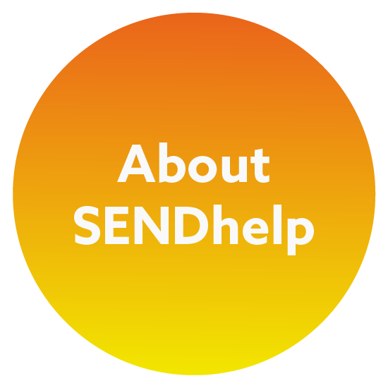 Orange and yellow circle with the words About SENDhelp in the middle
